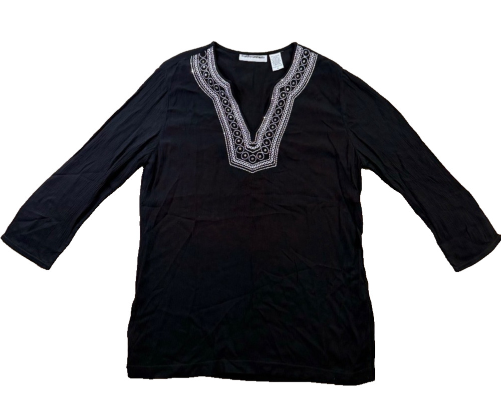 Cathy Daniels Black Embroidered Studded V-Neck Tunic Top Women's Small EUC